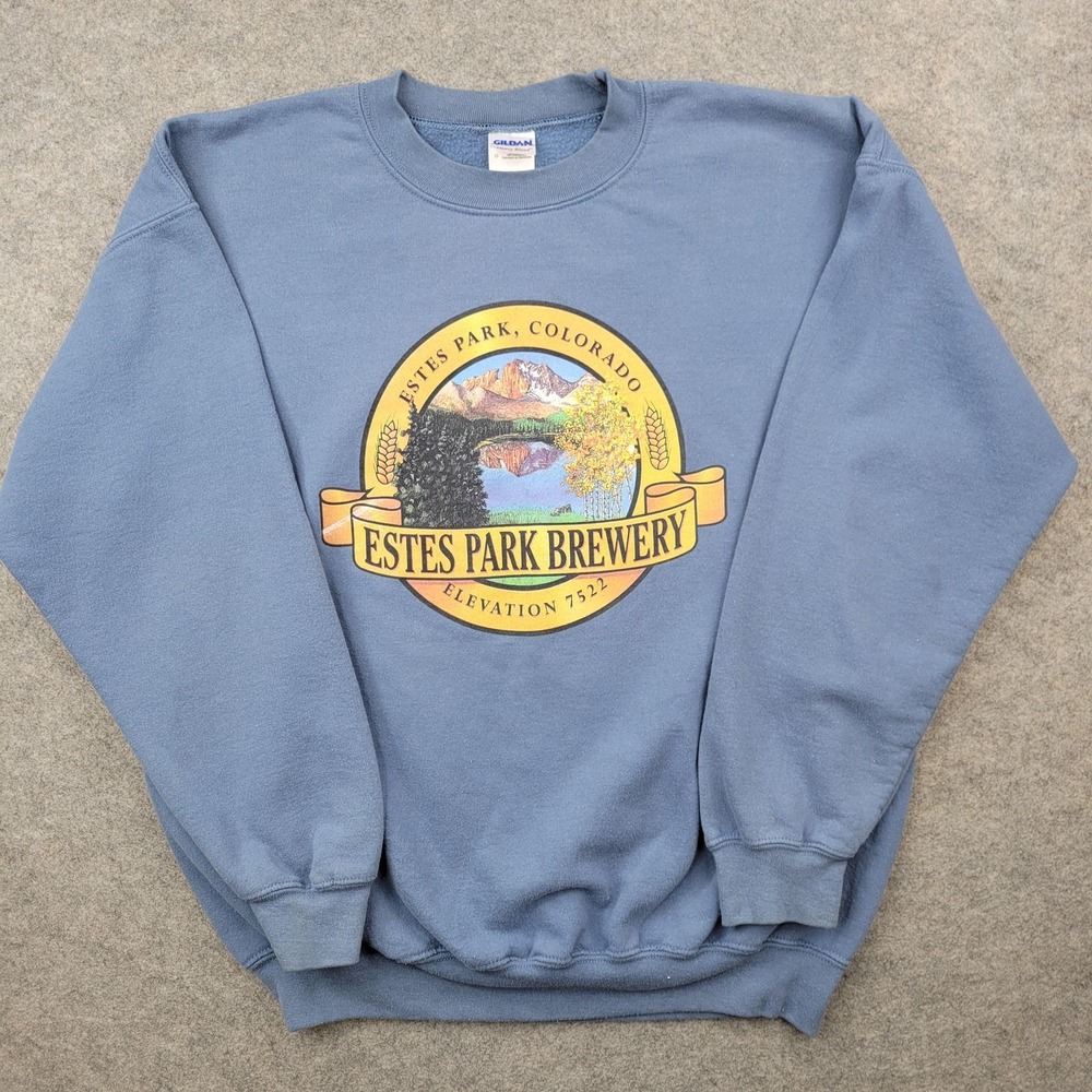 Gildan Sweatshirt Mens Large Blue Fleece Crewneck Estes Park Brewery Graphic